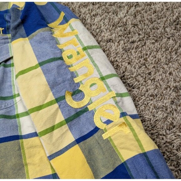 Vintage Wrangler Button Down Shirt Mens Medium Yellow Plaid Sleeve Spellout - Picture 3 of 8